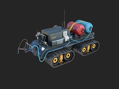 Tracked Mechanical Vehicle With Yellow Track Wheels Red Blue Tanks Antenna And Hoses 3d model