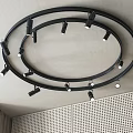 Modern Ceiling Design With Circular Black Track Mounted Downlights And Spotlights 3d model