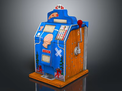 Vintage Slot Machine Blue And Wooden Design With Decorative Motifs Lever Buttons And Coin Slot 3d model