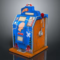 Vintage Slot Machine Blue And Wooden Design With Decorative Motifs Lever Buttons And Coin Slot