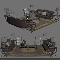 Elegant Sofa Coffee Table Set With Armchairs Table Lamps And Rug 3d model