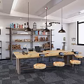 Book Art Studio Workspace With Wooden Table Stools Bookshelves Books And Pendant Lights