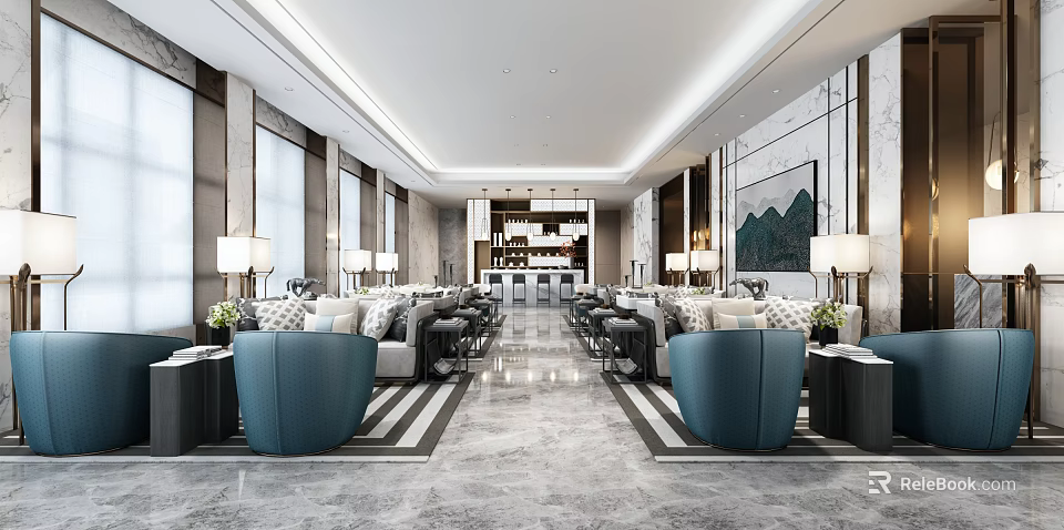 Modern Store Front Desk in Elegant Reception Area with Blue Sofas Chandeliers and Marble Floor 3d model