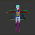 Anime Character 3D Model With Blue Green Hair Purple Cape And Open Arms Pose
