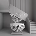 Elegant Modern Staircase With White Steps Marble Wall Wooden Panels And Golden Flower Chandelier