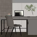 Modern Minimalist Desk With Laptop Vase Green Plant Chair And Striped Wall