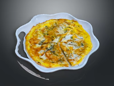 Sliced Omelette With Fresh Green Vegetables On White Plate Dark Background 3d model