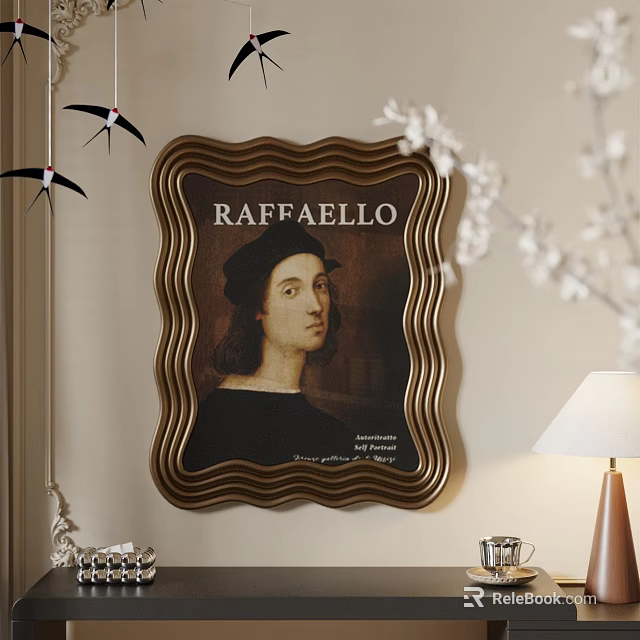 Photo Wall Featuring Raffaello Portrait With Golden Frame Black Bird Ornaments And White Floral Branches 3d model 