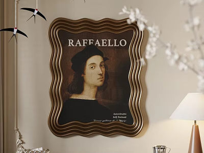 Photo Wall Featuring Raffaello Portrait With Golden Frame Black Bird Ornaments And White Floral Branches 3d model