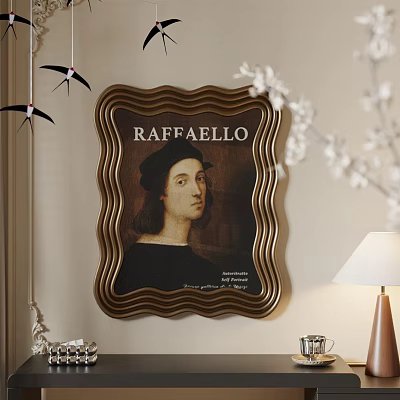 Photo Wall Featuring Raffaello Portrait With Golden Frame Black Bird Ornaments And White Floral Branches 3d model