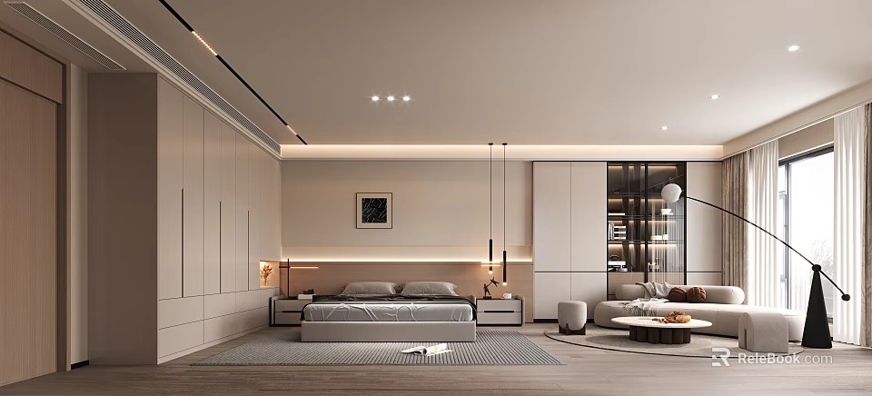 Modern Bedroom Interior Design With Large Bed Nightstands Wall Art And Built in Wardrobes 3d model 