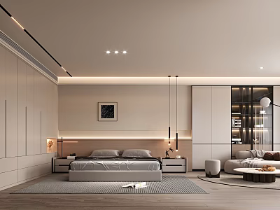 Modern Bedroom Interior Design With Large Bed Nightstands Wall Art And Built in Wardrobes 3d model