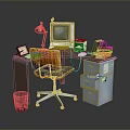 Vintage Office Desk Setup With Old Computer Desk Lamp Printer Books And Wooden Chair
