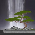 Miniature Garden with Bonsai Pine Tree Curved Trunk Green Needles Water Stream Rocks and Pavilion