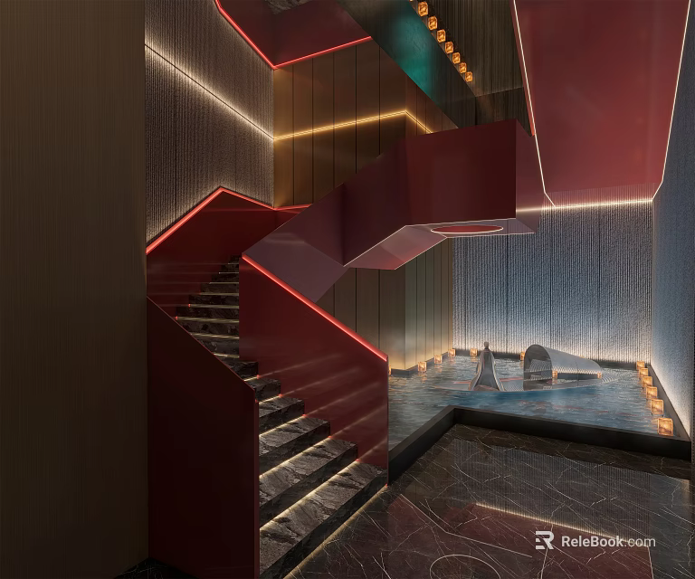 Contemporary Red Staircase Interior With Illuminated Accents And Marble Water Feature 3d model 