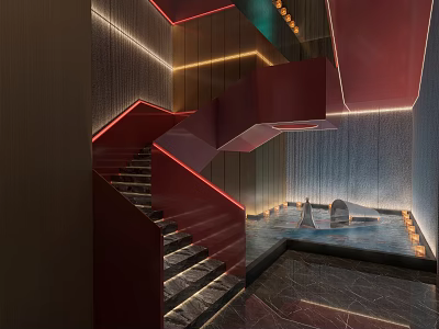 Contemporary Red Staircase Interior With Illuminated Accents And Marble Water Feature 3d model