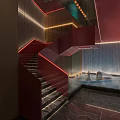 Contemporary Red Staircase Interior With Illuminated Accents And Marble Water Feature