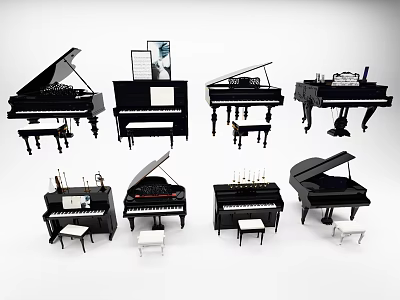 Diverse Black Piano Designs With Grand Upright Styles Benches And Music Stands 3d model