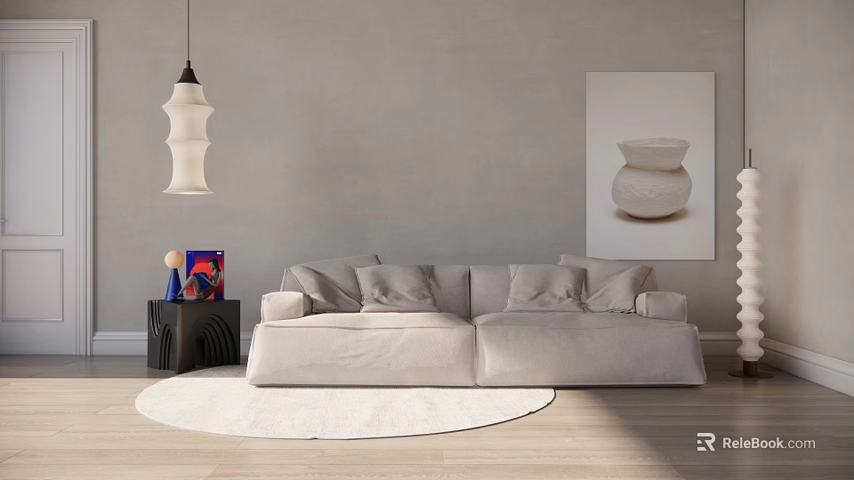 Beige Two-Seater Sofa with Gray Wall White Round Rug Black Side Table and Hanging Lamp 3d model 