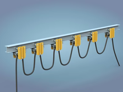 Industrial Cable Management Equipment With Metal Frame Yellow Clamps And Hanging Black Cables 3d model
