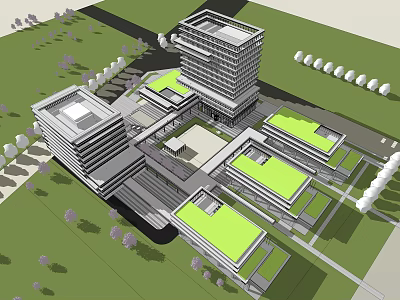 Modern Commercial Office Building Complex With Green Roofs Central Courtyard And Landscaped Areas 3d model