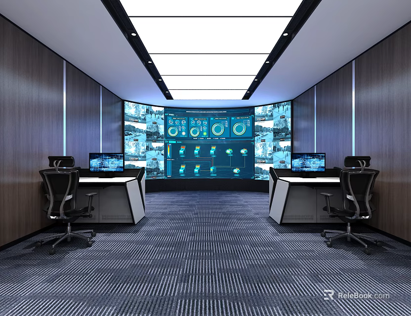 Modern Control Room Interior With Multiple Monitoring Screens Control Desks And Office Chairs 3d model 