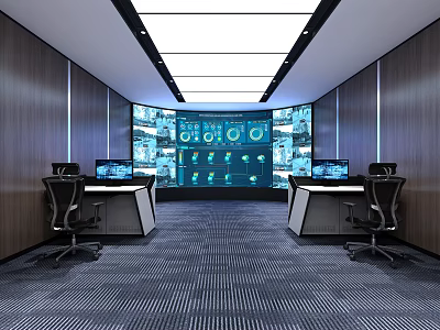Modern Control Room Interior With Multiple Monitoring Screens Control Desks And Office Chairs 3d model