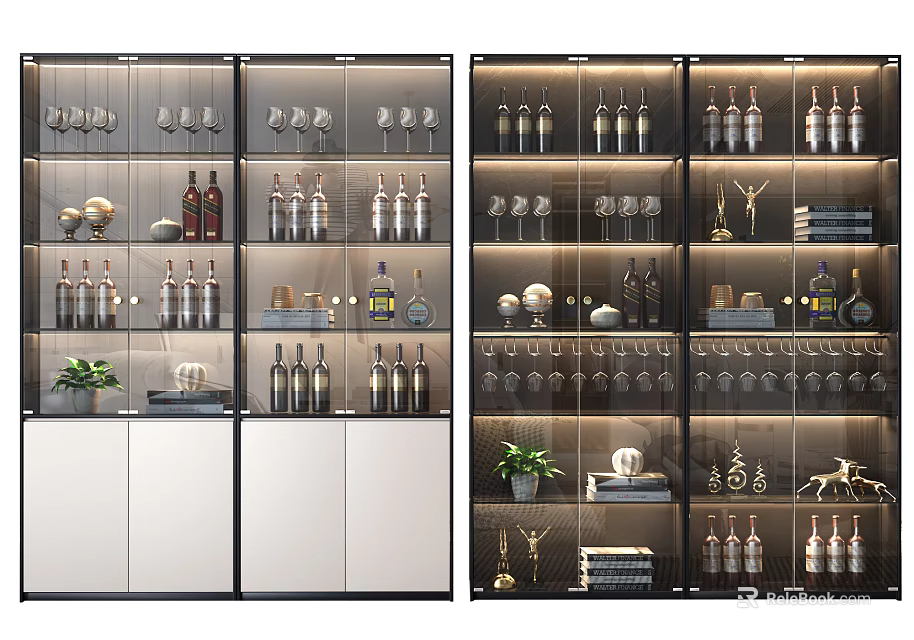Modern Wine Cabinet With Glass Doors Displaying Wine Bottles Glasses And Decorative Items 3d model 