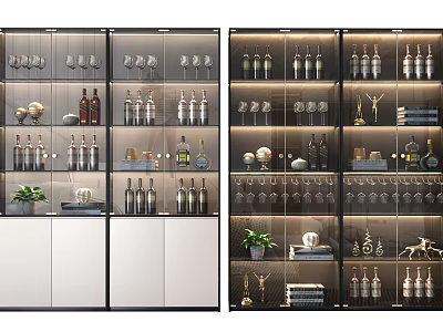 Modern Wine Cabinet With Glass Doors Displaying Wine Bottles Glasses And Decorative Items 3d model