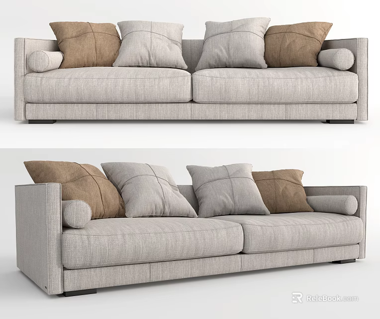 Light Gray Fabric Two Seater Sofa With Brown And Gray Throw Pillows 3d model