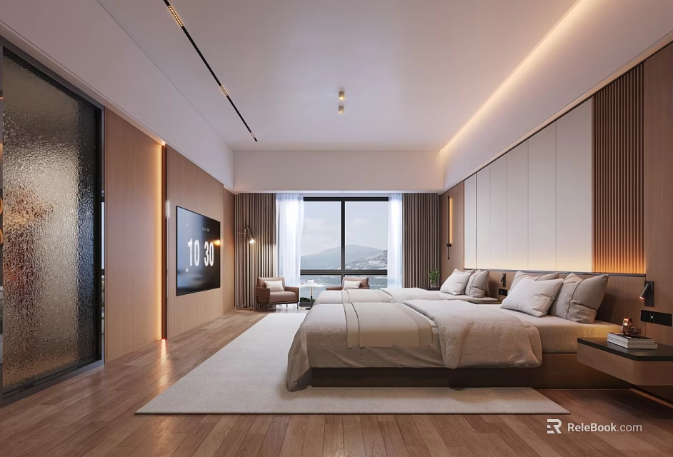 Modern Hotel Guest Room with King Size Bed Large Windows and Wooden Accents 3d model 