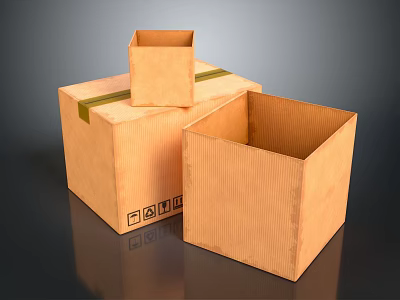 Three Open Brown Corrugated Cardboard Boxes With Green Tape And Icons 3d model