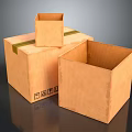 Three Open Brown Corrugated Cardboard Boxes With Green Tape And Icons