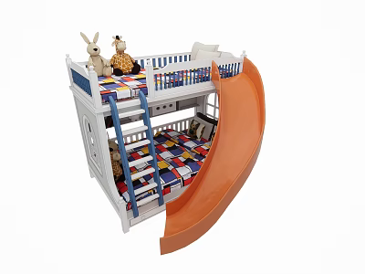 Kids Bunk Bed with Blue Rails Orange Slide Colorful Checkered Mattress and Stuffed Toys 3d model