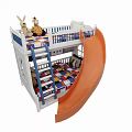 Kids Bunk Bed with Blue Rails Orange Slide Colorful Checkered Mattress and Stuffed Toys