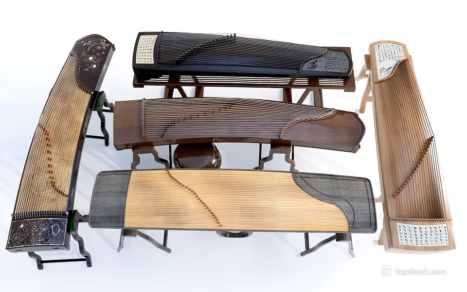 Various Traditional Wooden String Instruments With Unique Designs On White Background 3d model 