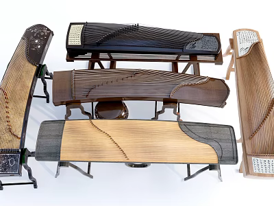 Various Traditional Wooden String Instruments With Unique Designs On White Background 3d model