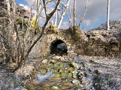 Natural Garden Landscape With Stone Arch Bridge And Flowing Stream Through Mossy Stones 3d model
