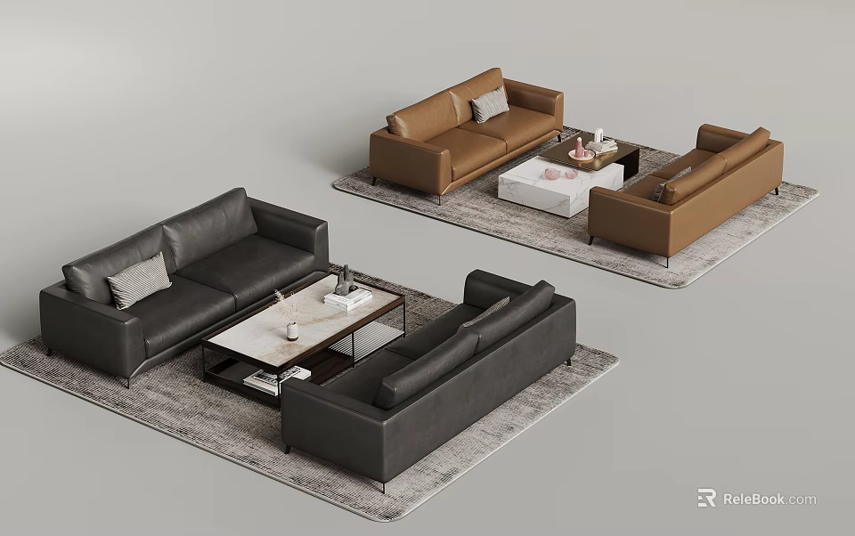 Black Brown Leather Sofa And Coffee Table Set With Decorative Pillows On Modern Rug 3d model 