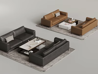 Black Brown Leather Sofa And Coffee Table Set With Decorative Pillows On Modern Rug 3d model