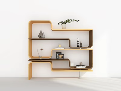 Modern Wooden Bookshelf Design With Decorative Items Potted Plant Books and Table Lamp 3d model