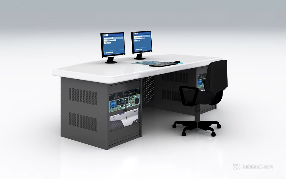 Modern Office Desk Interior With Dual Monitors Keyboard Office Chair And Control Panel 3d model 