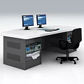Modern Office Desk Interior With Dual Monitors Keyboard Office Chair And Control Panel