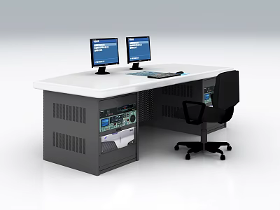Modern Office Desk Interior With Dual Monitors Keyboard Office Chair And Control Panel 3d model
