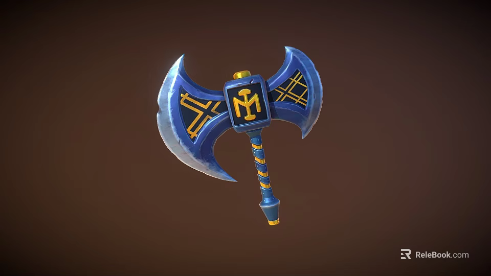 Blue And Yellow Double Bladed Axe With M Logo And Decorative Patterns 3d model 