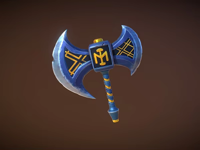 Blue And Yellow Double Bladed Axe With M Logo And Decorative Patterns 3d model