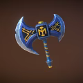Blue And Yellow Double Bladed Axe With M Logo And Decorative Patterns 3d model