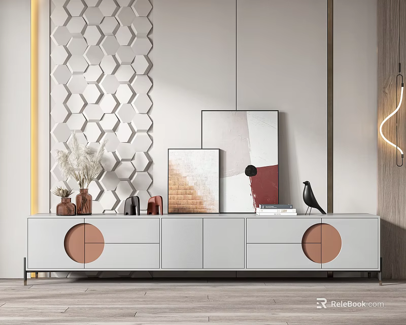 Modern White TV Stand With Circular Drawers Hexagonal Wall Artworks And Decorative Items 3d model 