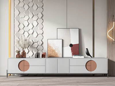 Modern White TV Stand With Circular Drawers Hexagonal Wall Artworks And Decorative Items 3d model