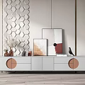 Modern White TV Stand With Circular Drawers Hexagonal Wall Artworks And Decorative Items